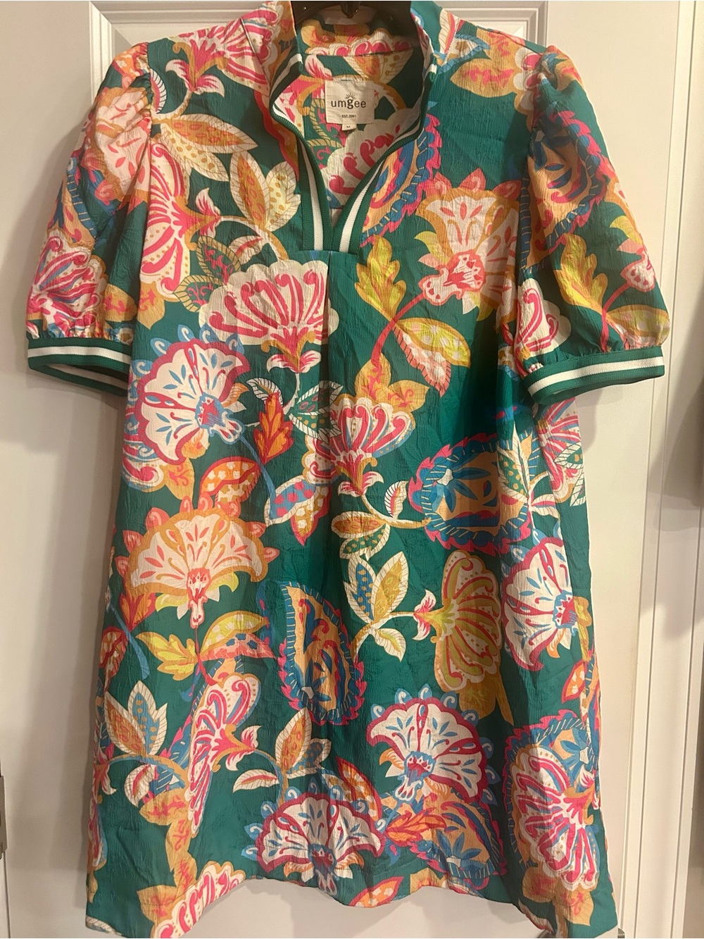 Umgee Teal Floral Puff-Sleeve Casual Dress with Pink & Yellow Accents